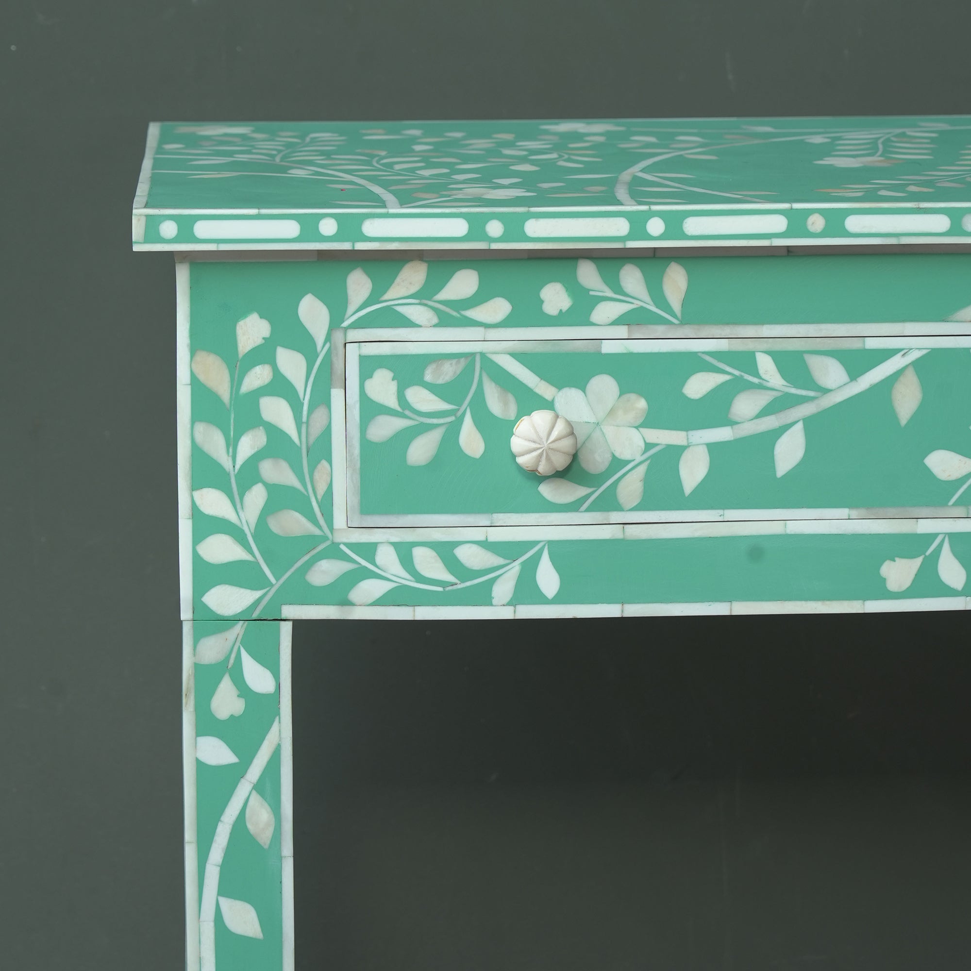 Handmade Bone Inlay Floral Console Table – Green White Entryway Table with Drawer, Luxury Hallway Furniture