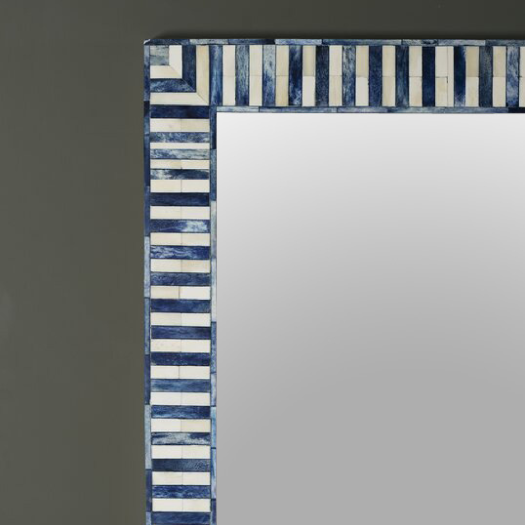 Handmade Blue Bone Inlay Mirror Frame | Luxury Striped Mosaic Wall Mirror | Indian Artisan Decorative Bathroom Vanity Mirror | Coastal Home Decor