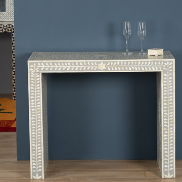 Handmade Grey Bone Inlay Console Table | Floral Pattern Accent Console