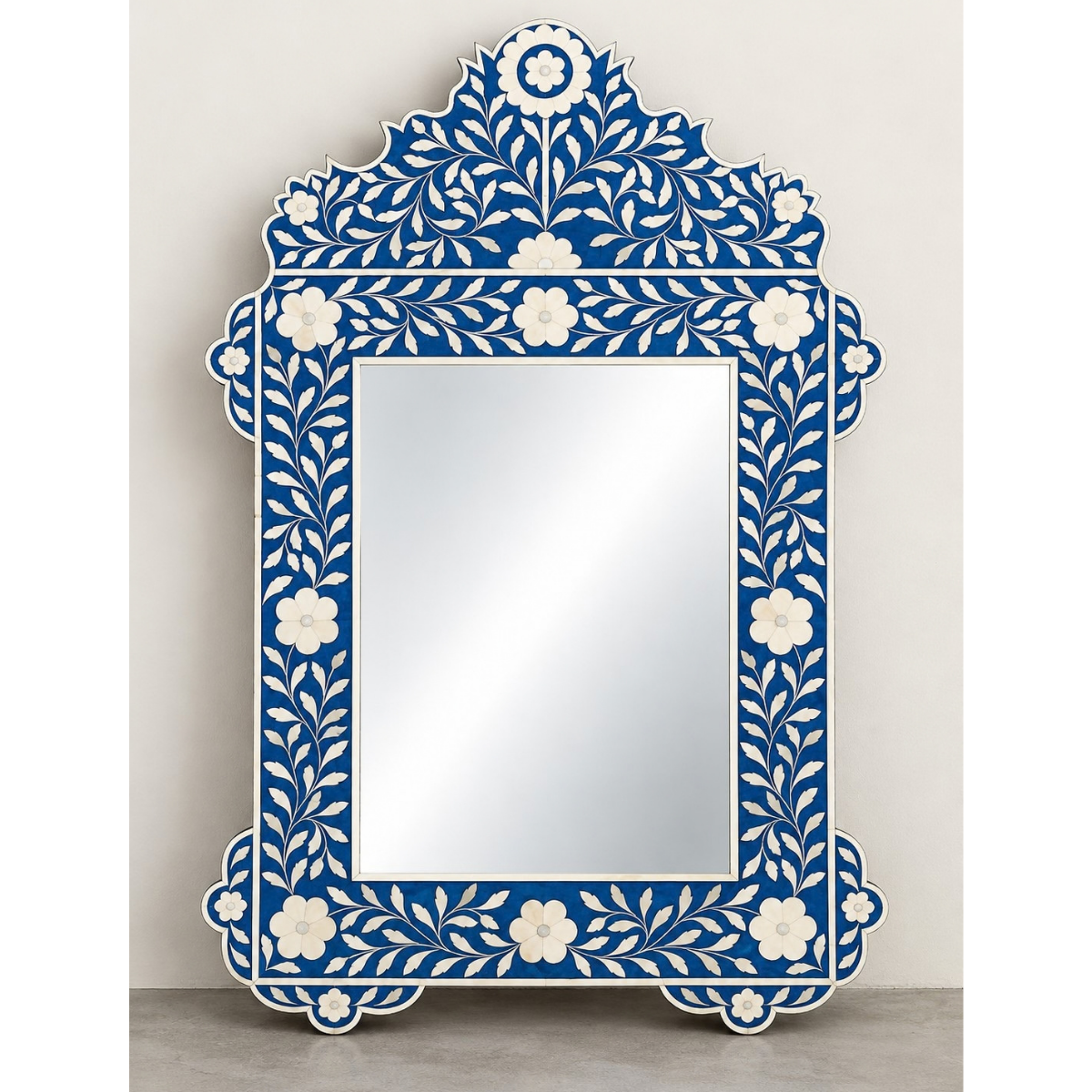 Handmade Blue Bone Inlay Mirror – Ornate Floral Rectangular Wall Mirror