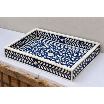 Handmade Blue Bone Inlay Serving Tray – Floral Leaf Design