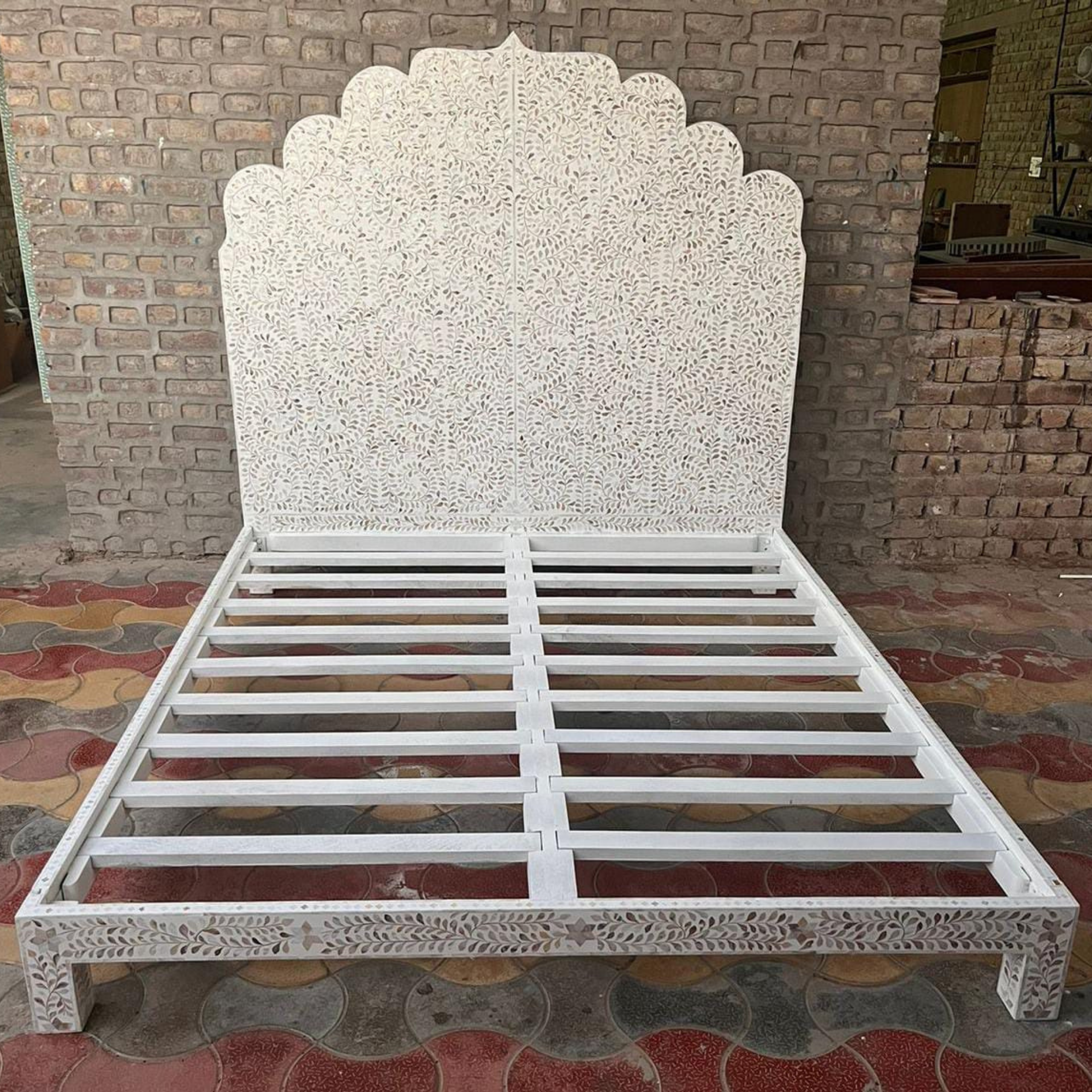 White Mother of Pearl Inlay Bed Frame | Handmade Luxury Floral Bed