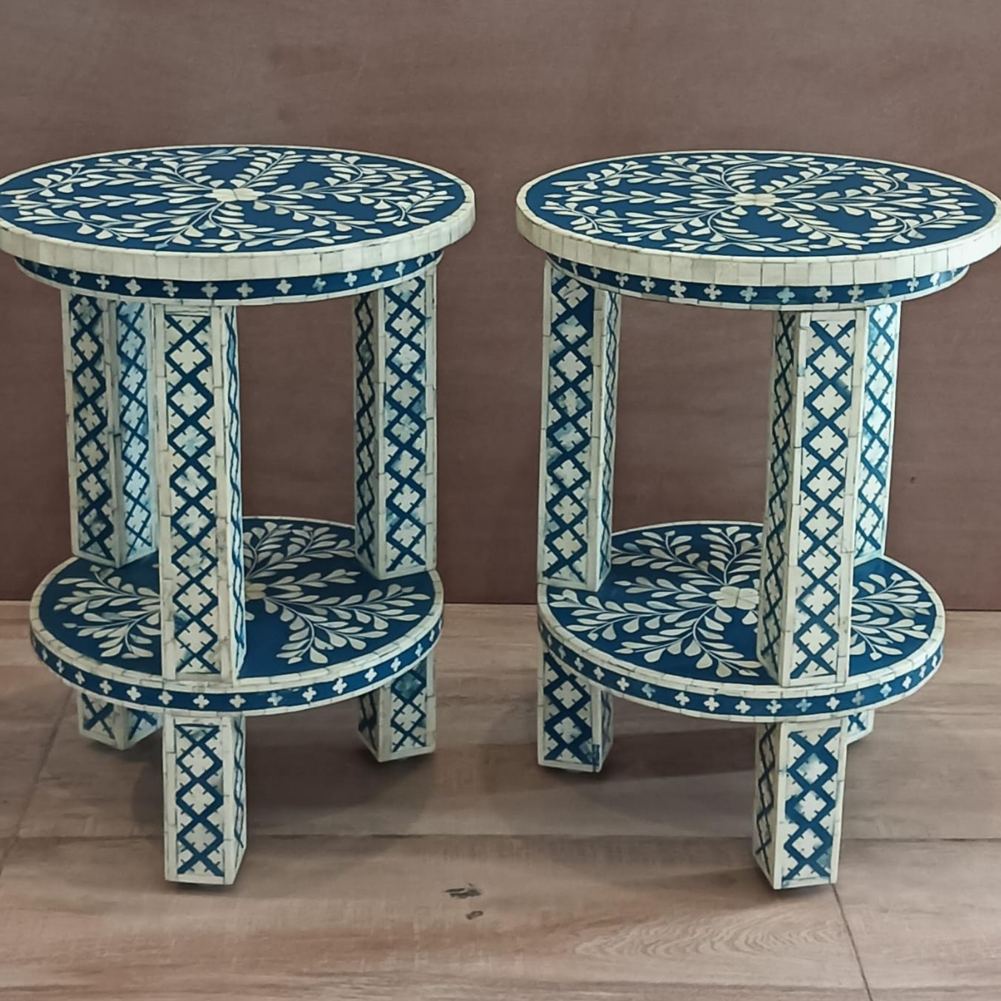 Blue Bone Inlay Round End Table Set of 2 | Handmade Accent Side Tables
