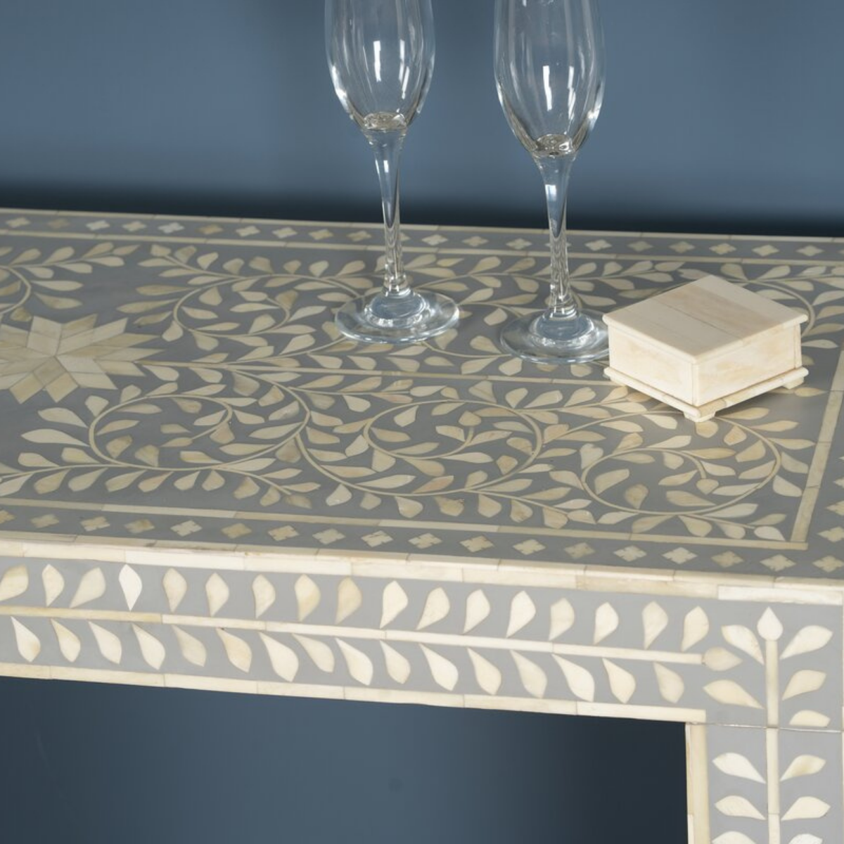 Handmade Grey Bone Inlay Console Table | Floral Pattern Accent Console