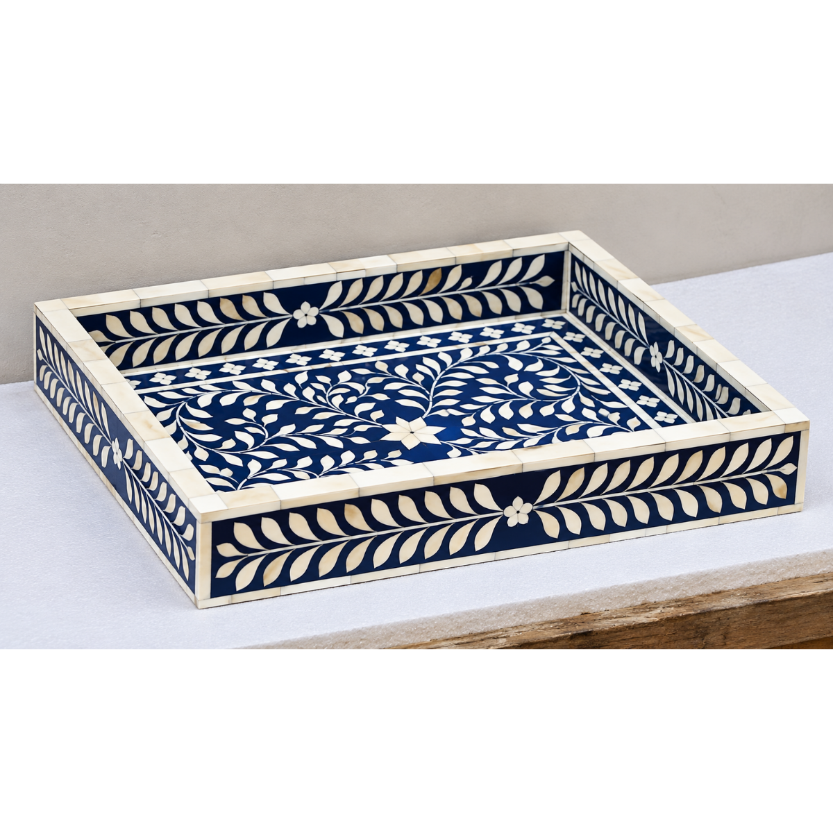 Handmade Blue Bone Inlay Serving Tray – Floral Leaf Design