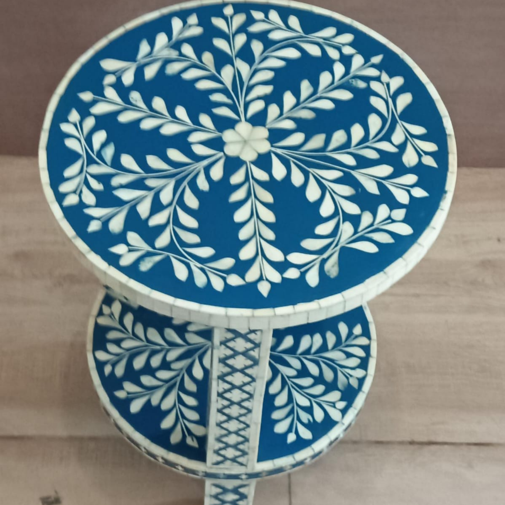 Blue Bone Inlay Round End Table Set of 2 | Handmade Accent Side Tables