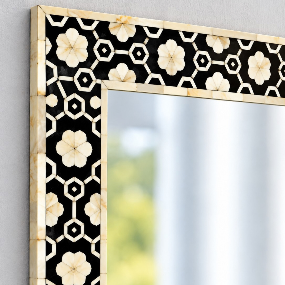 Handmade Black Bone Inlay Mirror – Floral Geometric Rectangular Wall Mirror