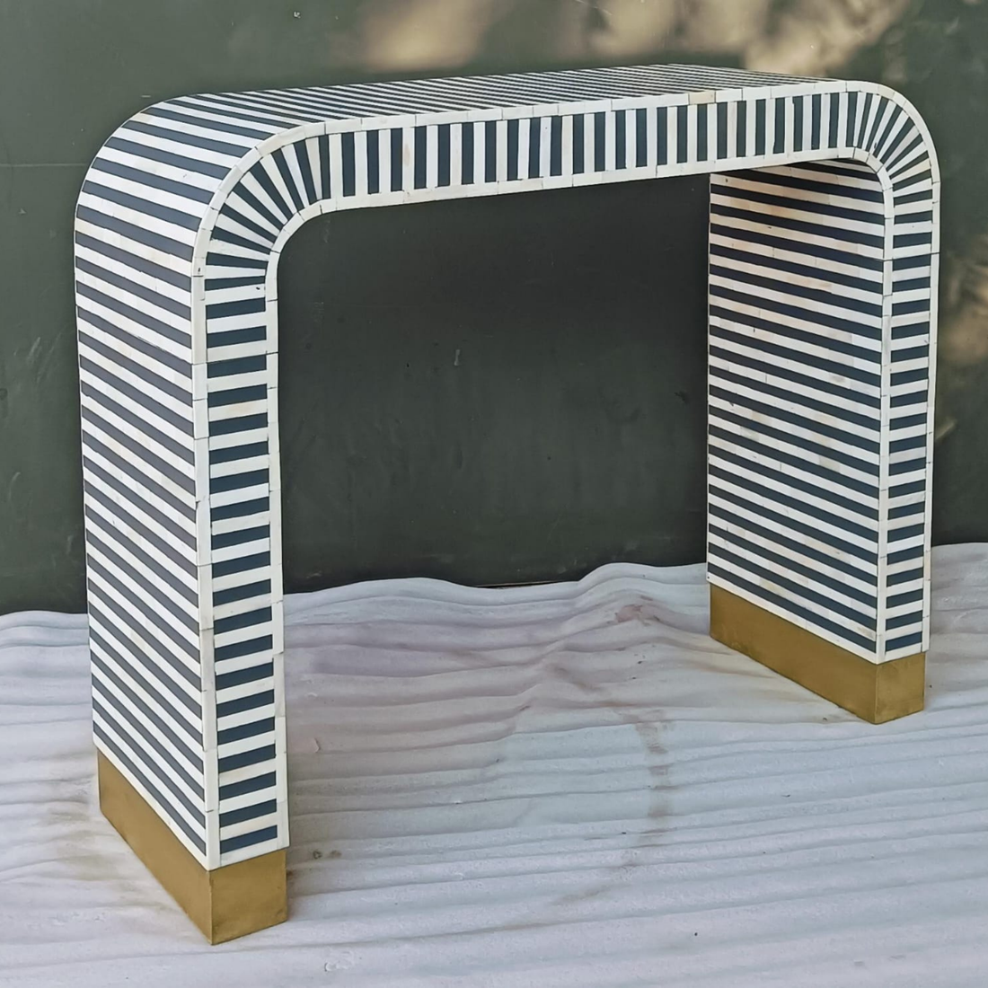 Black & White Striped Bone Inlay Console Table | Modern Arch Entryway Table