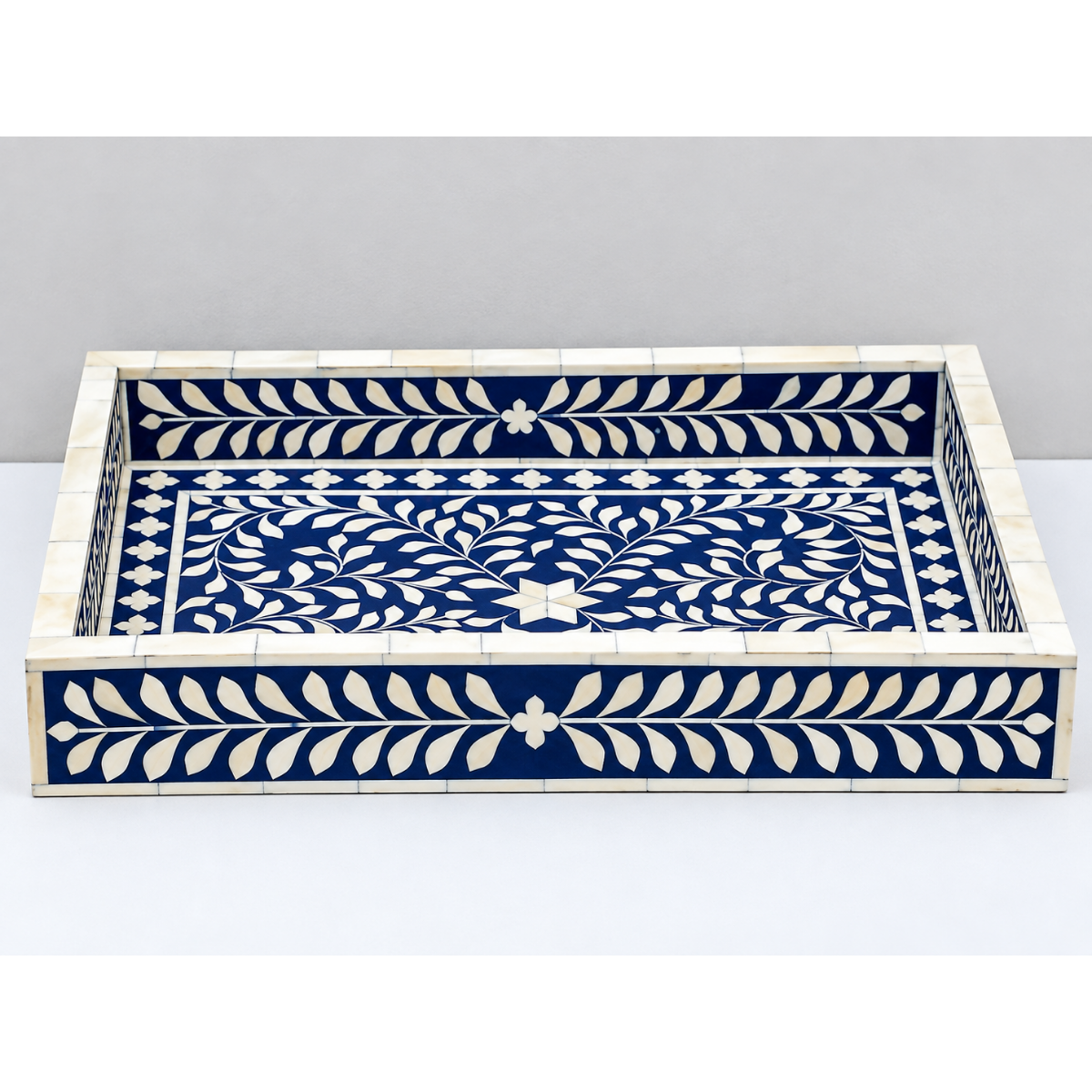 Handmade Blue Bone Inlay Serving Tray – Floral Leaf Design