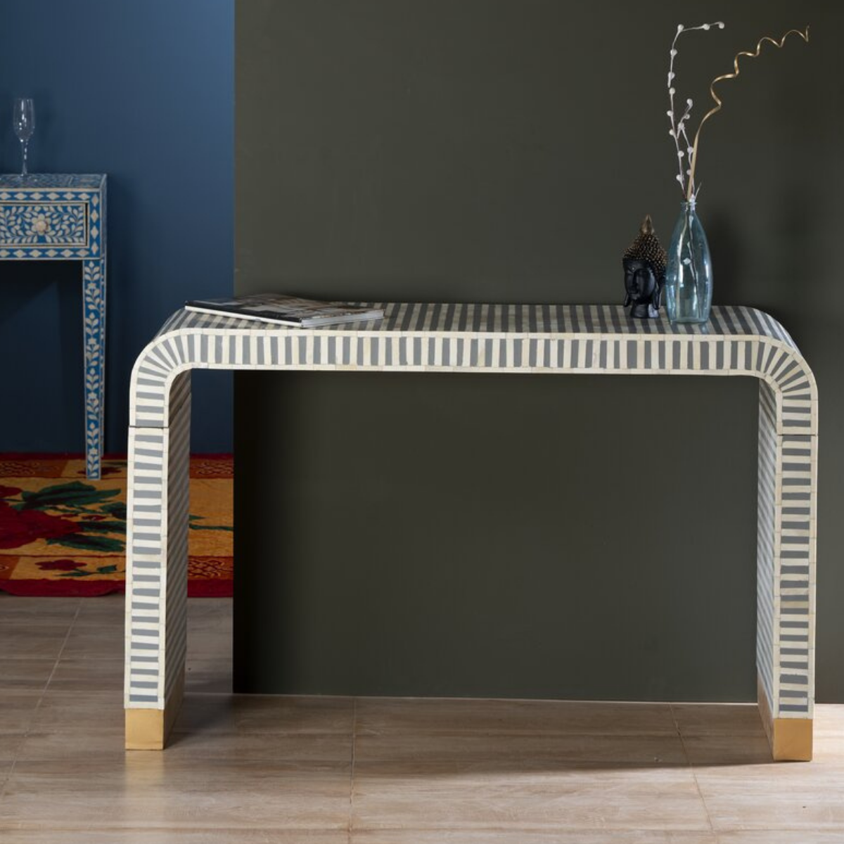 Handmade Grey Stripe Bone Inlay Console Table | Modern Entryway Console