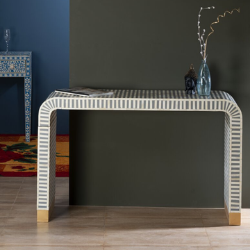 Handmade Grey Stripe Bone Inlay Console Table | Modern Entryway Console