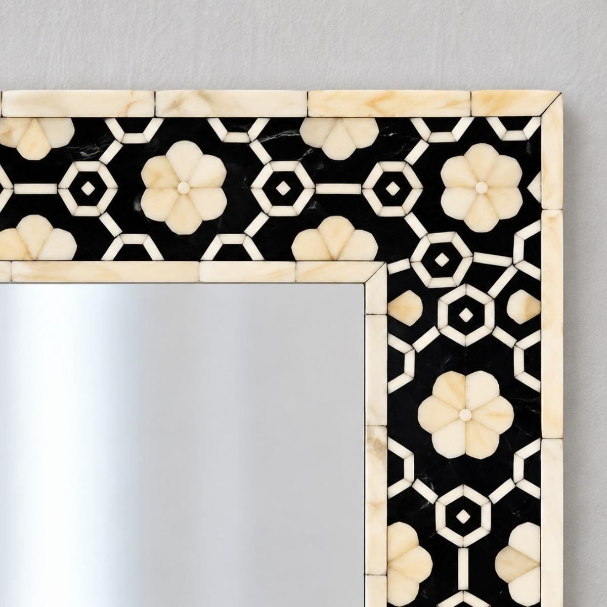 Handmade Black Bone Inlay Mirror – Floral Geometric Rectangular Wall Mirror