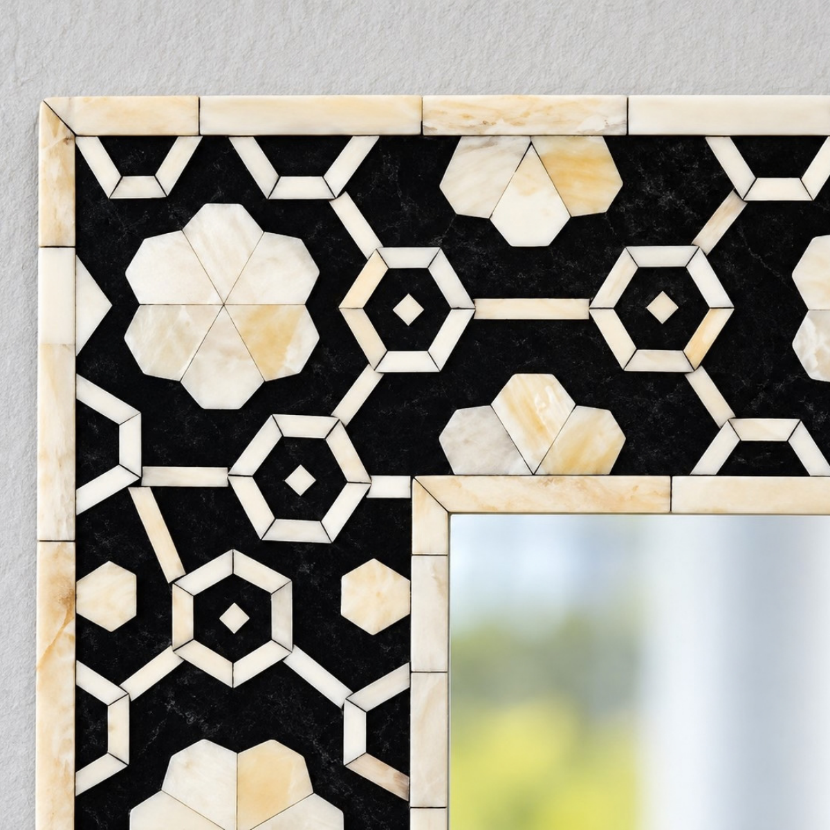 Handmade Black Bone Inlay Mirror – Floral Geometric Rectangular Wall Mirror