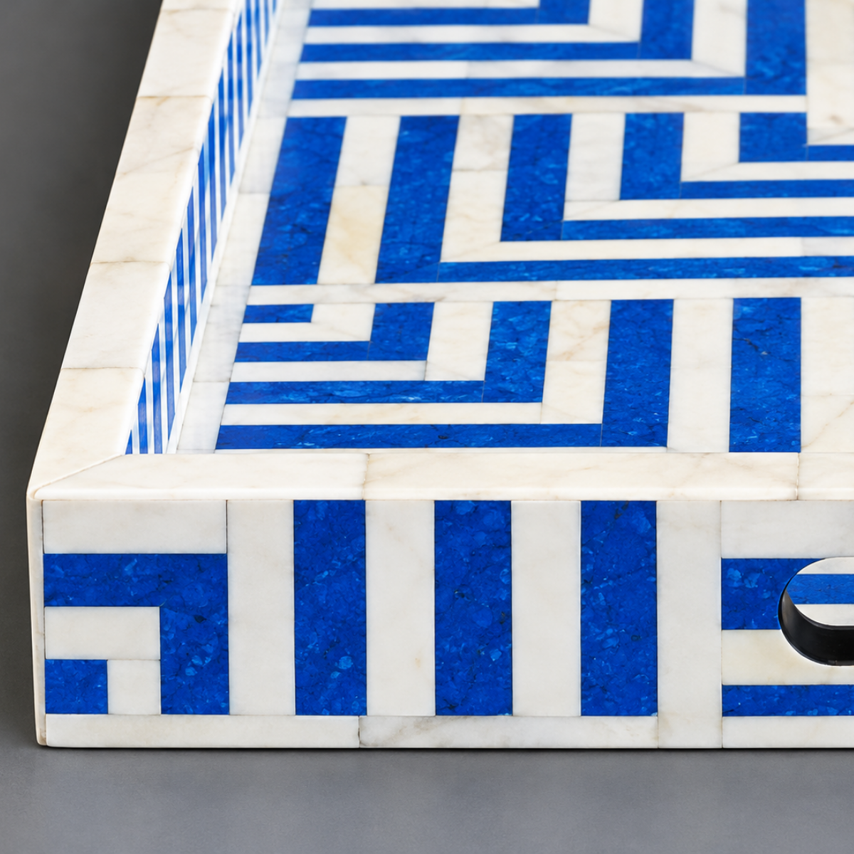 Handmade Blue & White Bone Inlay Serving Tray – Geometric Maze Design
