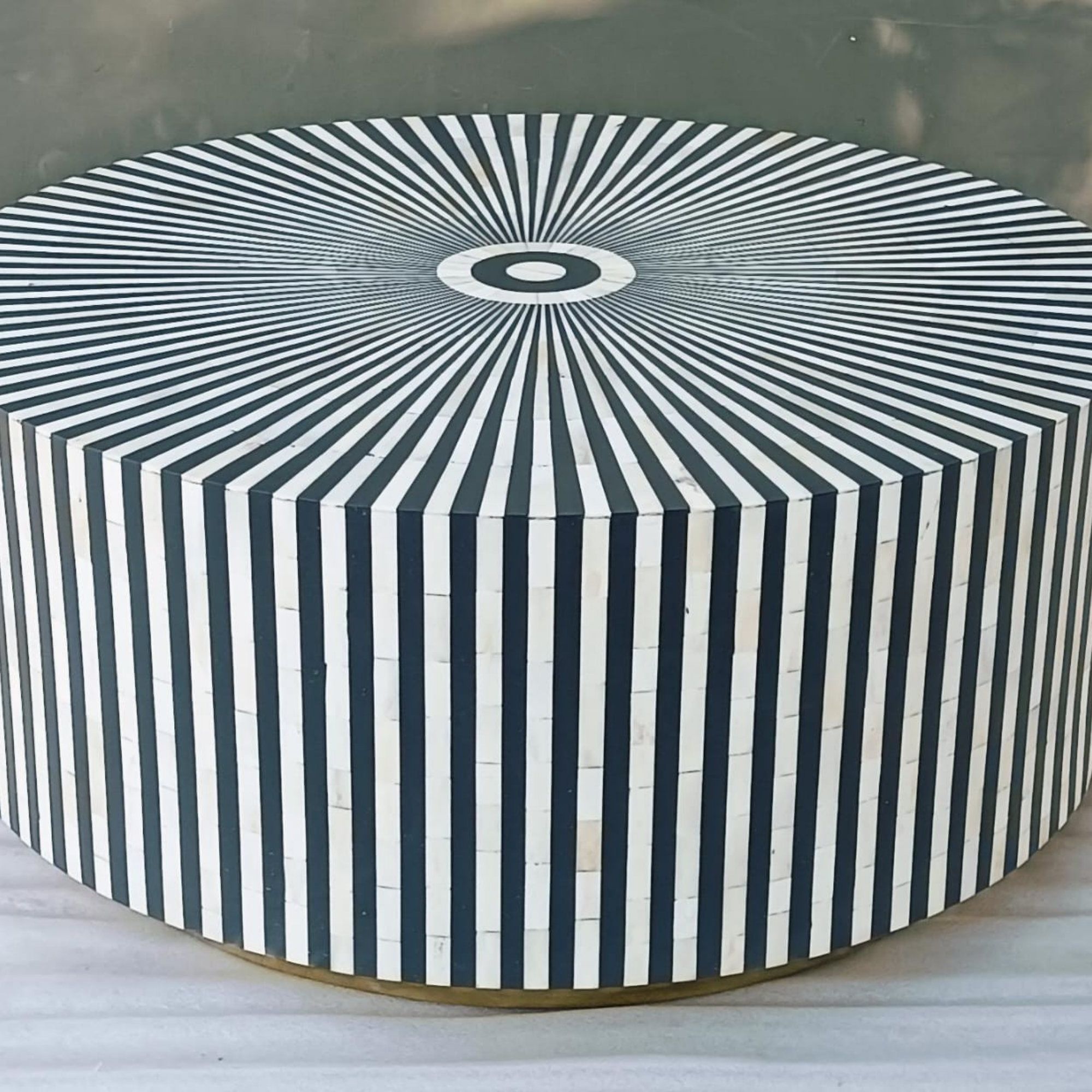 Black & White Striped Bone Inlay Round Coffee Table | Handmade Modern Center Table