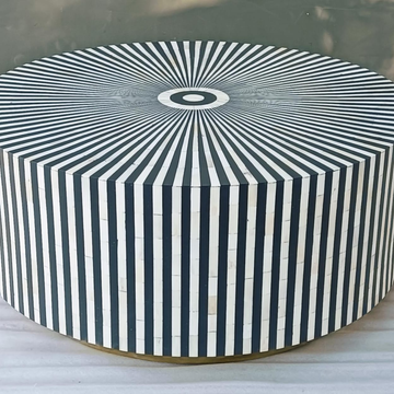 Black & White Striped Bone Inlay Round Coffee Table | Handmade Modern Center Table