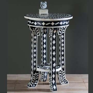 Black Bone Inlay Round Pedestal Side Table | Handmade Accent End Table
