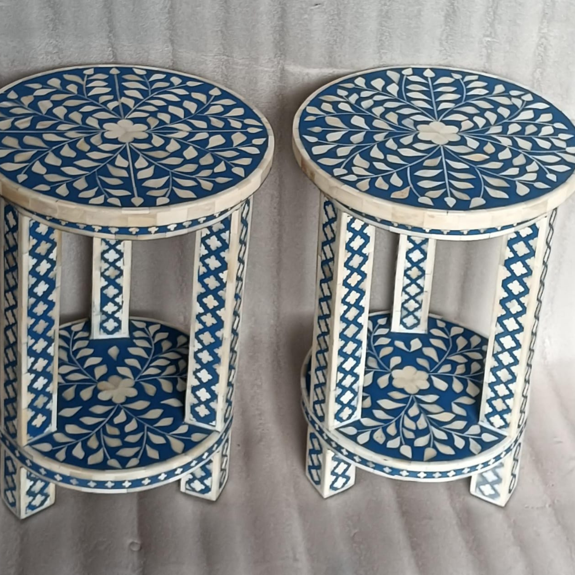 Blue Bone Inlay Round End Table Set of 2 | Handmade Accent Side Tables