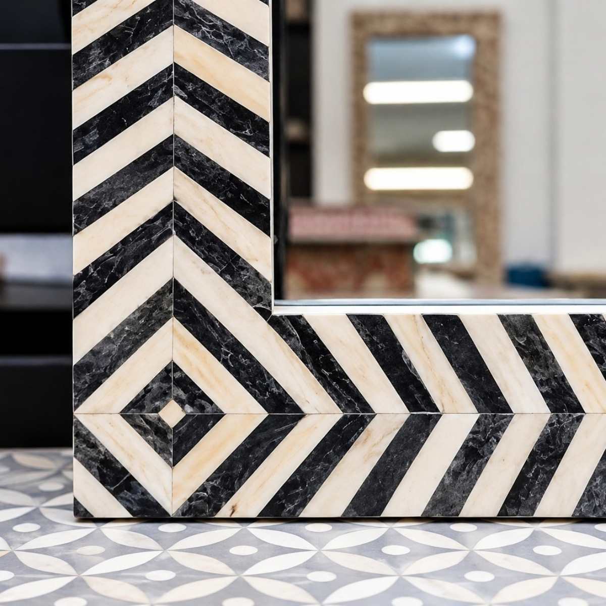 Handmade Black & White Chevron Bone Inlay Mirror – Rectangular Geometric Wall Mirror