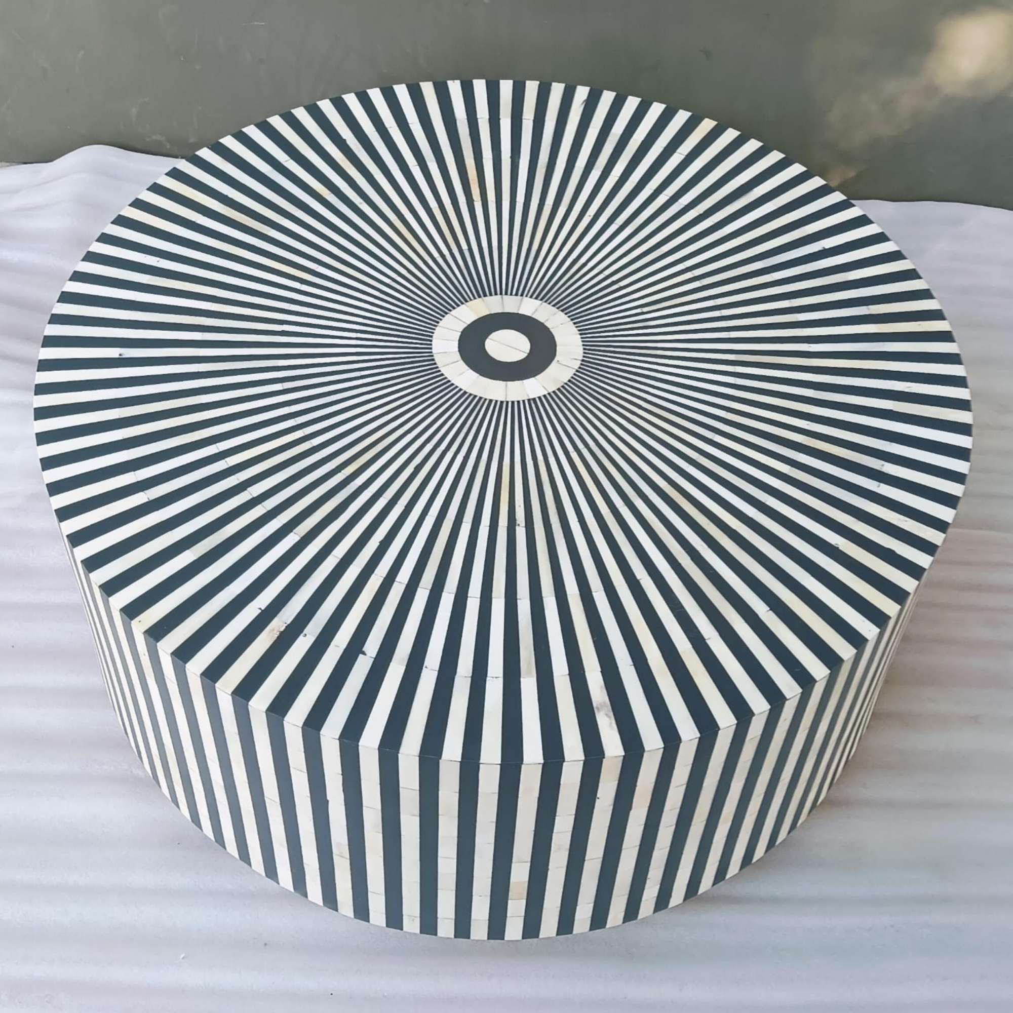 Black & White Striped Bone Inlay Round Coffee Table | Handmade Modern Center Table