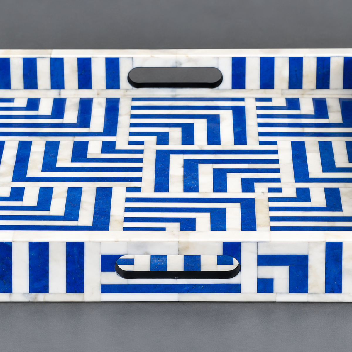 Handmade Blue & White Bone Inlay Serving Tray – Geometric Maze Design