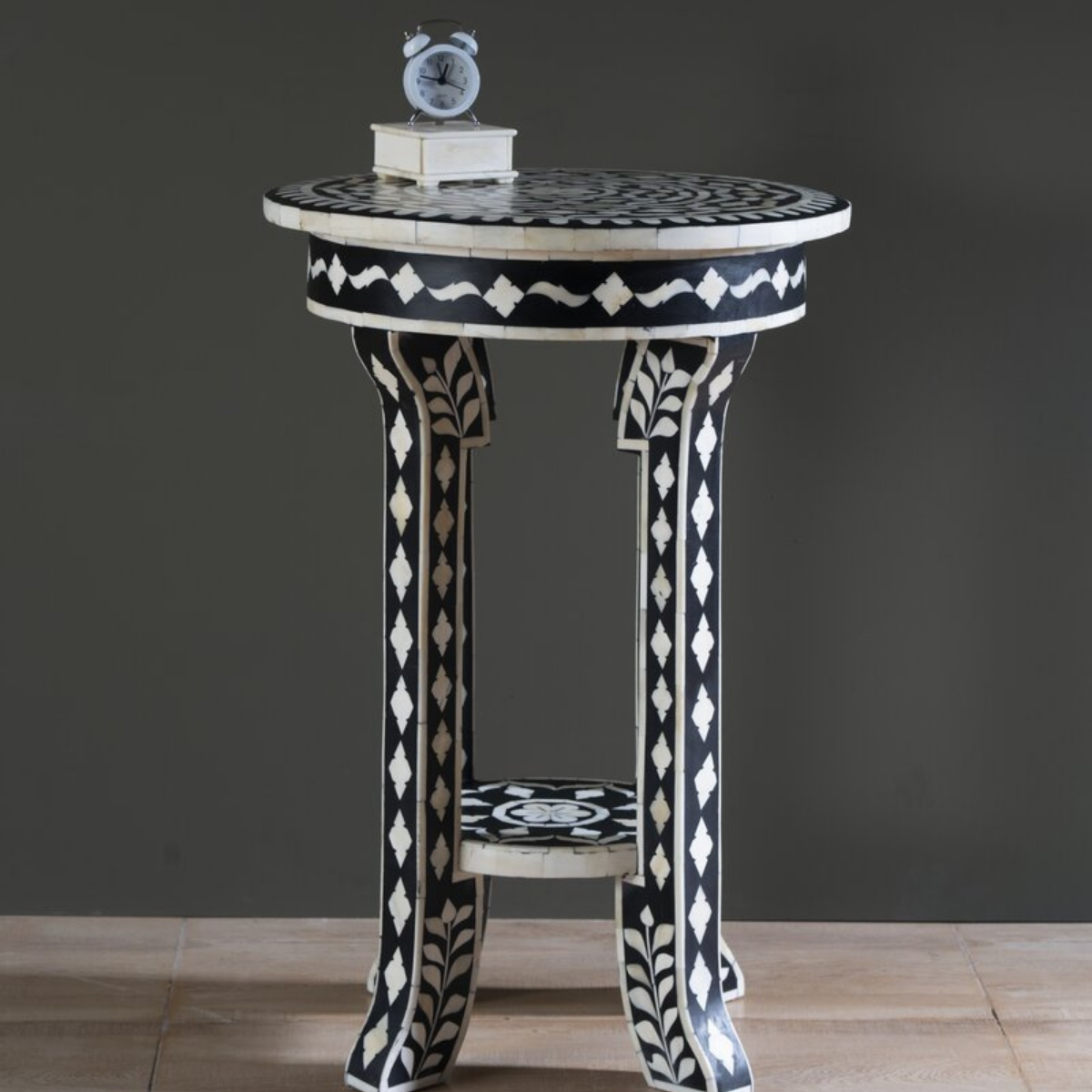 Black Bone Inlay Round Pedestal Side Table | Handmade Accent End Table