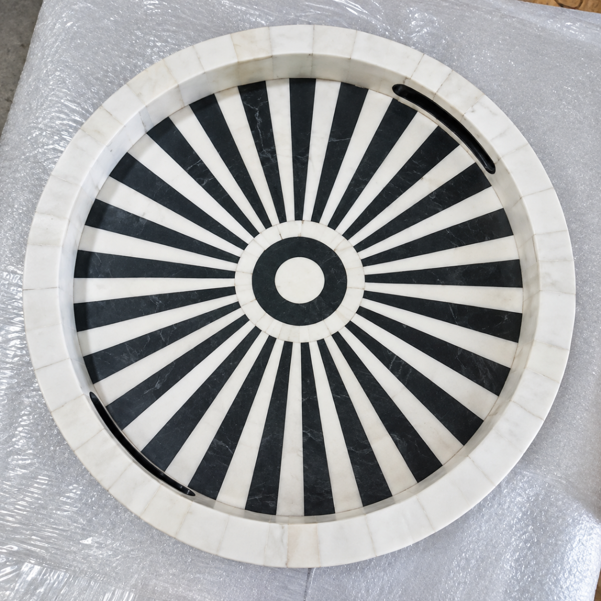 Handmade Round Black & White Bone Inlay Serving Tray – Sunburst Design