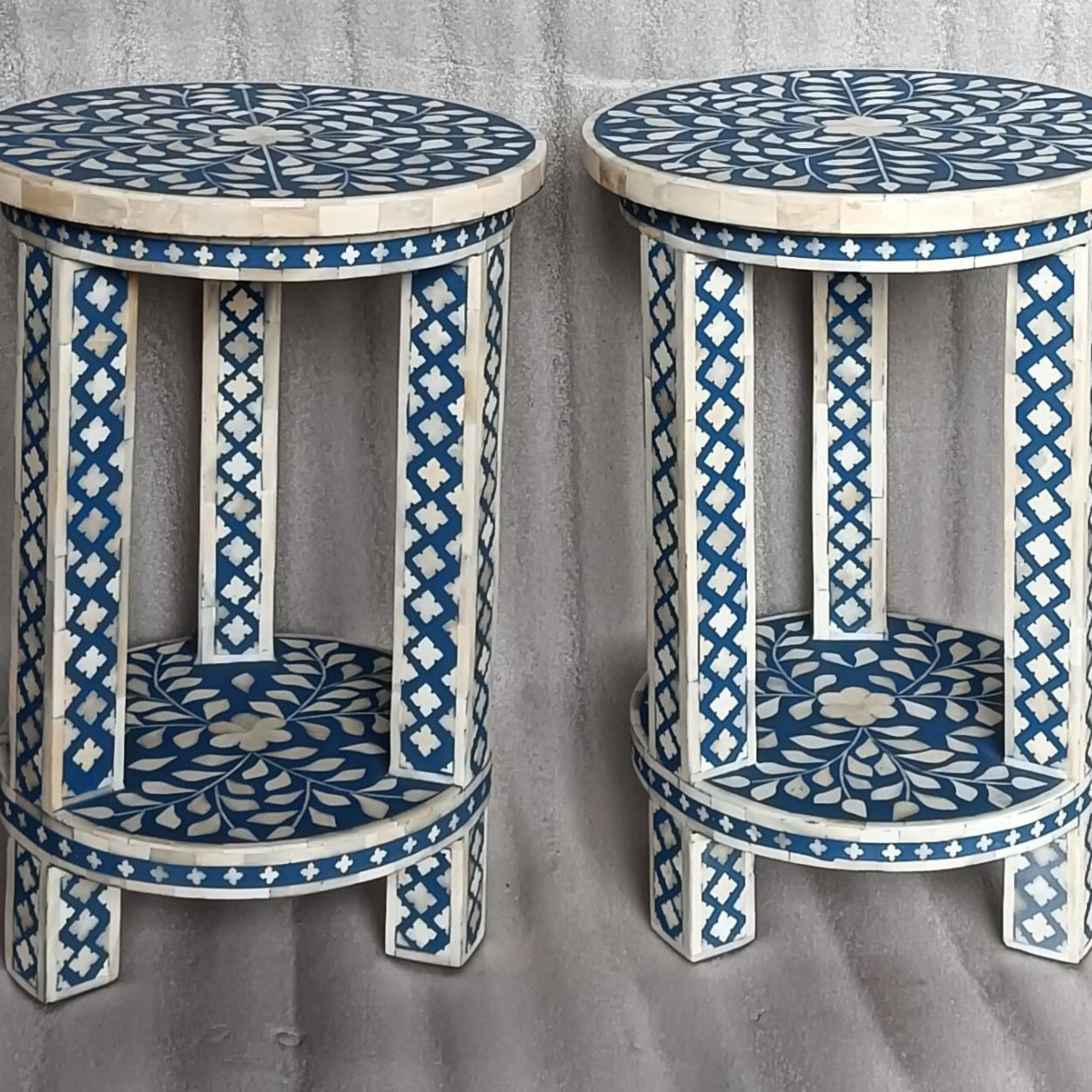 Blue Bone Inlay Round End Table Set of 2 | Handmade Accent Side Tables