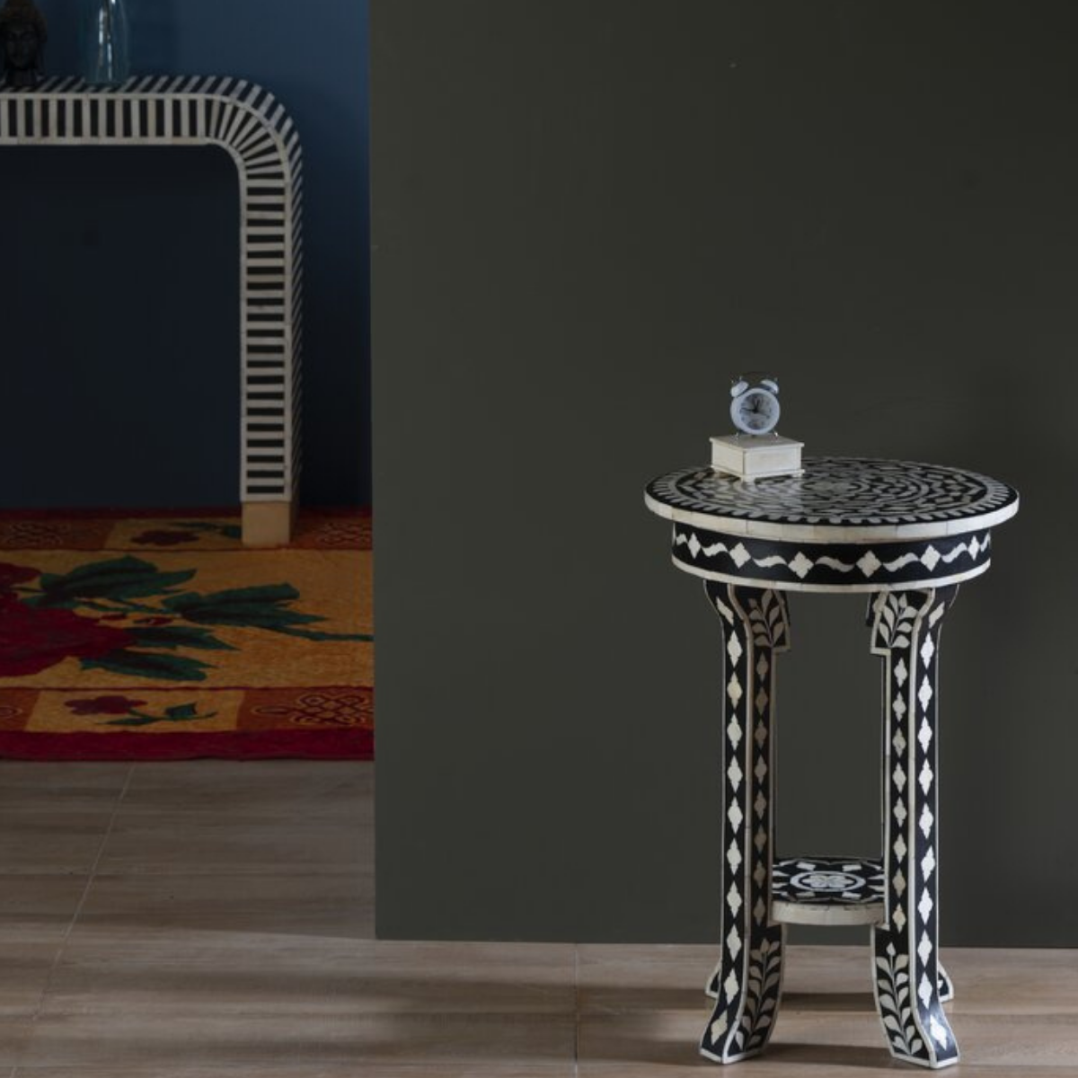 Black Bone Inlay Round Pedestal Side Table | Handmade Accent End Table