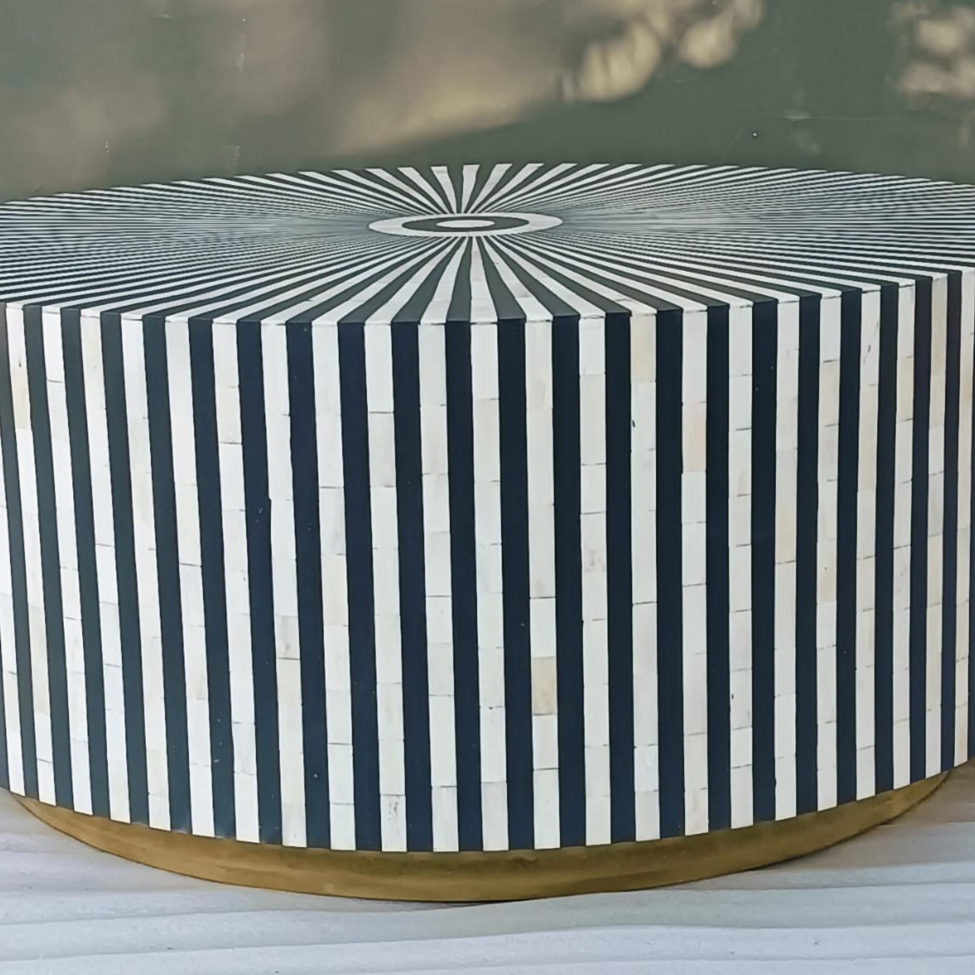 Black & White Striped Bone Inlay Round Coffee Table | Handmade Modern Center Table