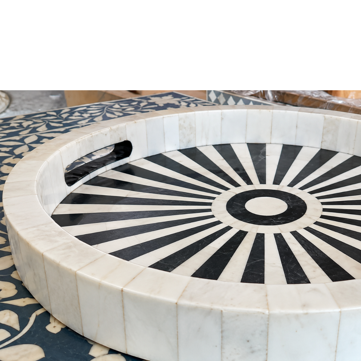 Handmade Round Black & White Bone Inlay Serving Tray – Sunburst Design