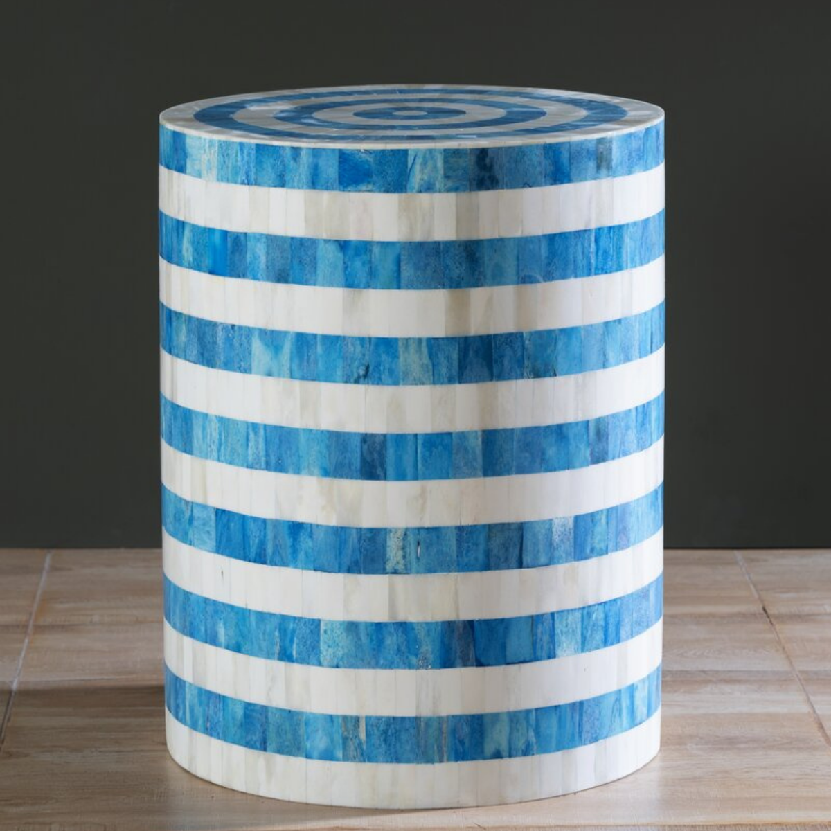 Handmade Blue Stripe Bone Inlay End Table | Round Accent Side Table