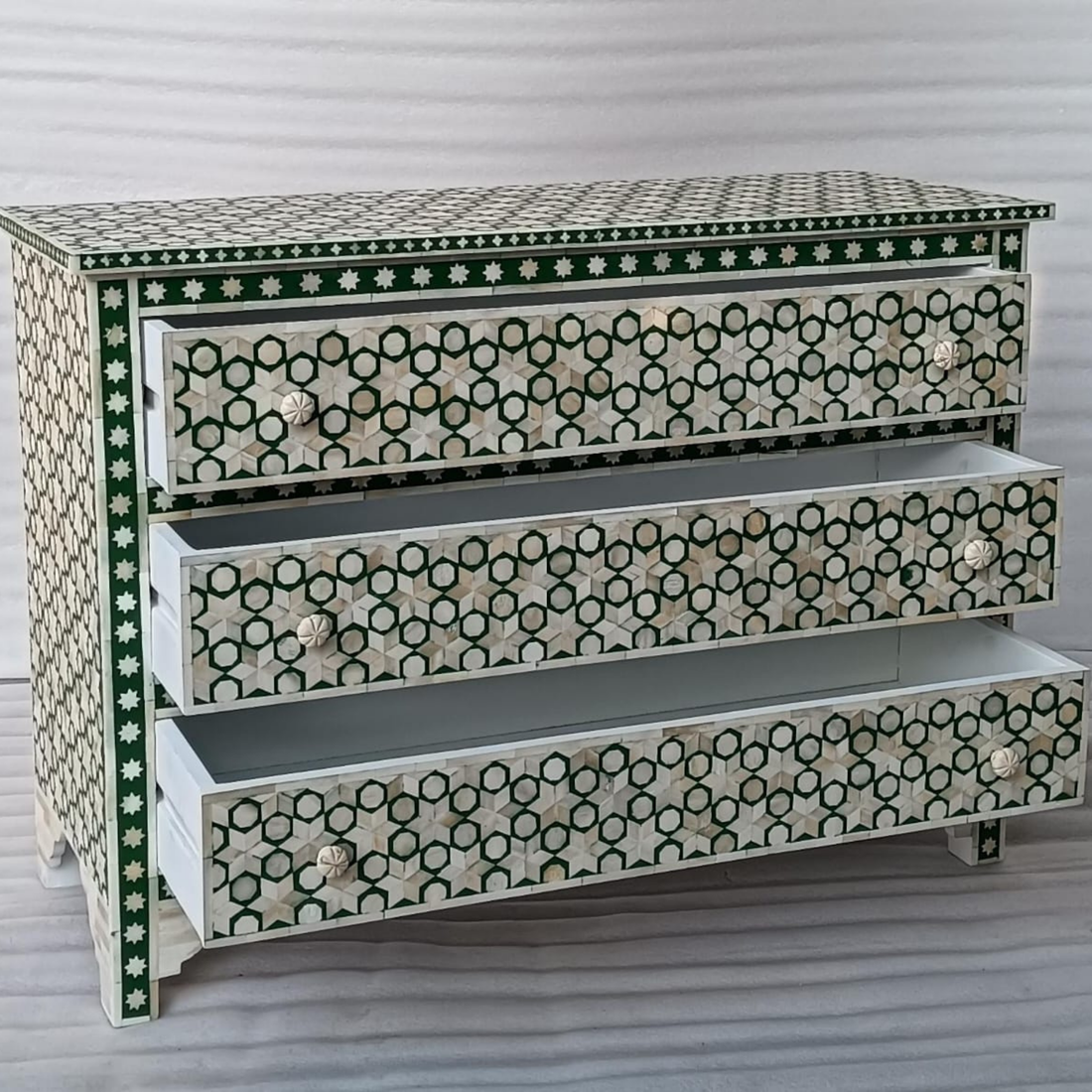 Green Geometric Bone Inlay Sideboard Cabinet | Handmade 3 Drawer Storage Sideboard