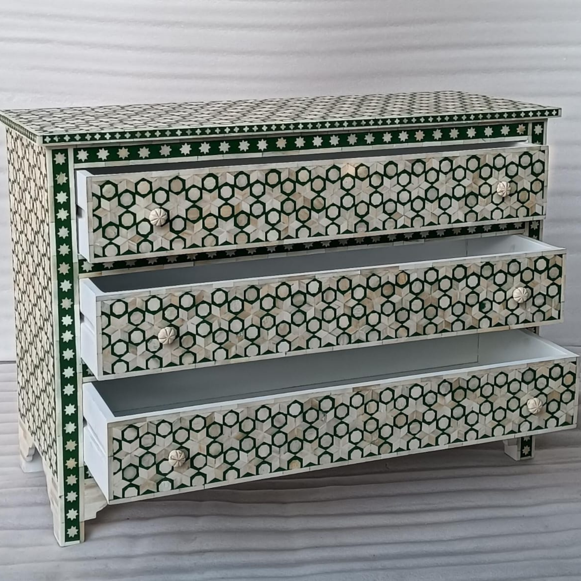 Green Geometric Bone Inlay Sideboard Cabinet | Handmade 3 Drawer Storage Sideboard