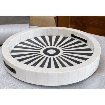 Handmade Round Black & White Bone Inlay Serving Tray – Sunburst Design