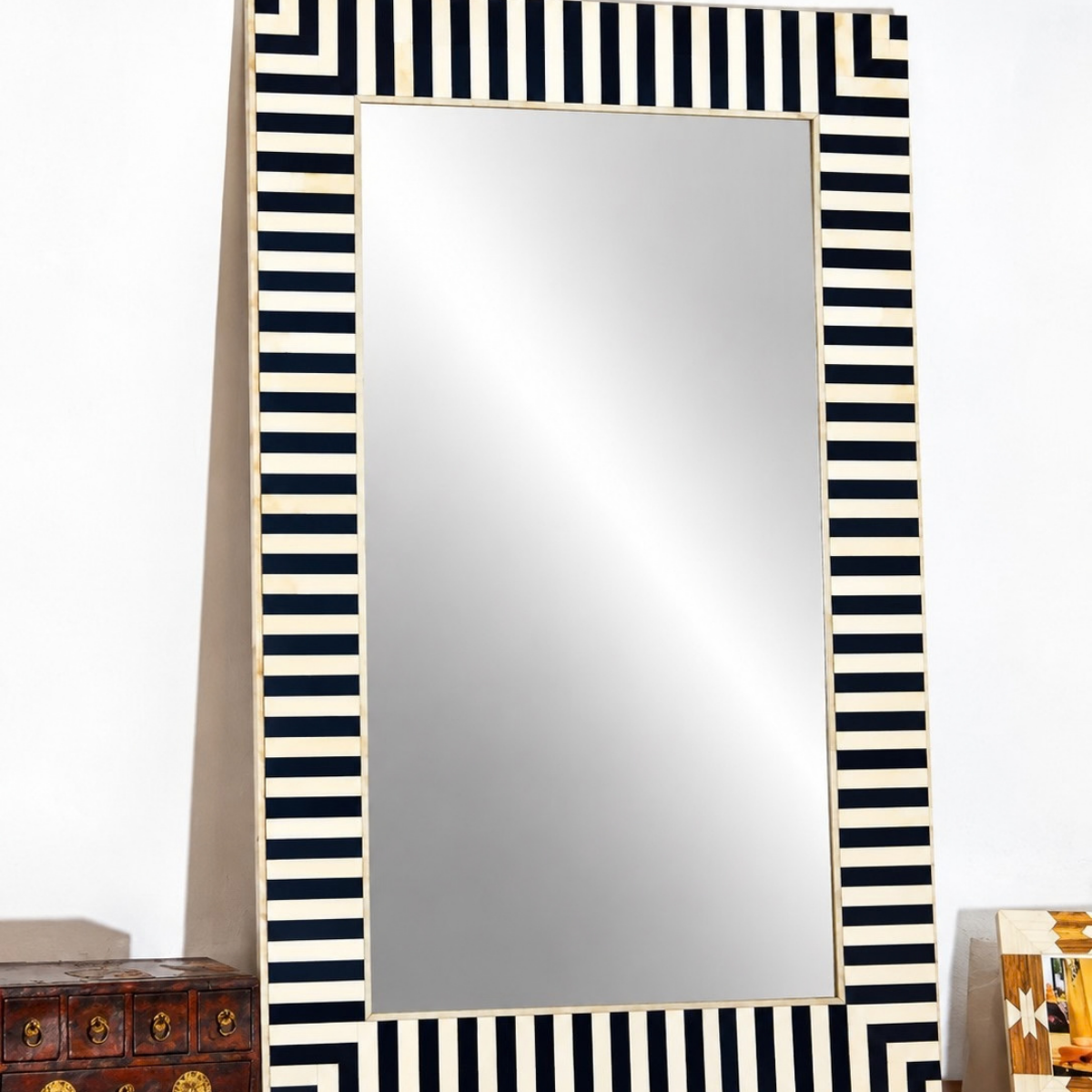 Handmade Black & White Striped Bone Inlay Mirror – Rectangular Wall Mirror
