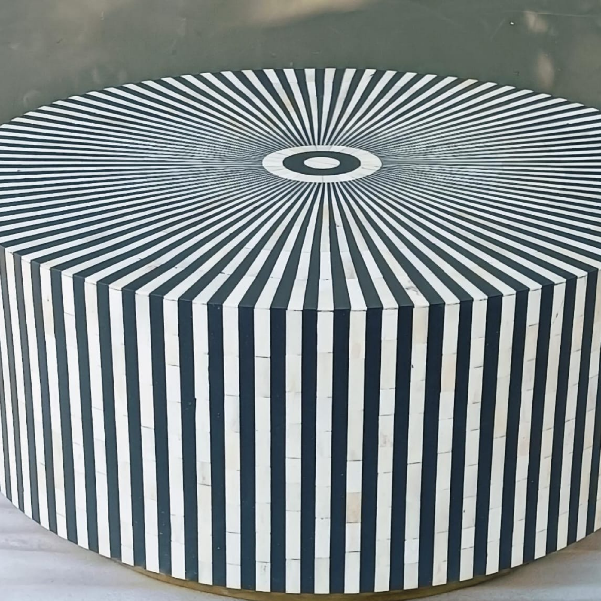 Black & White Striped Bone Inlay Round Coffee Table | Handmade Modern Center Table