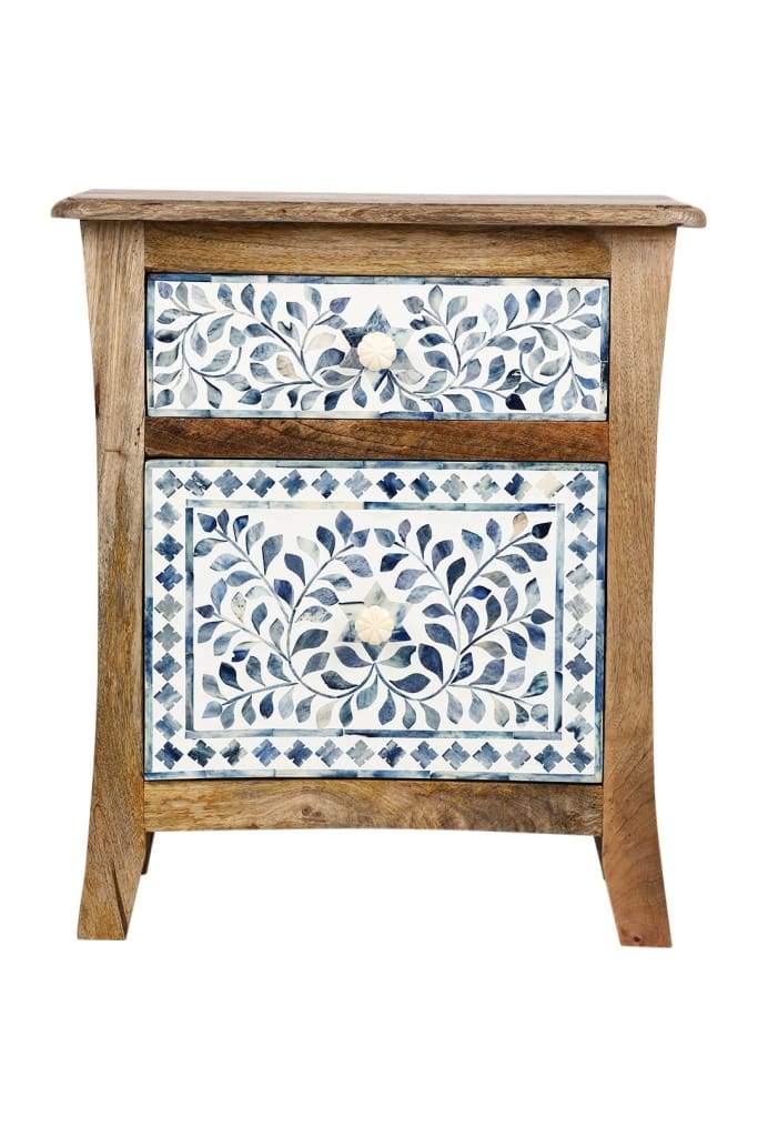 Handmade Bone Inlay Bedside Table Blue Floral Design Solid Wood Nightstand Drawer Cabinet