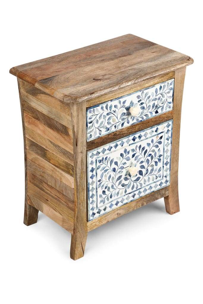 Handmade Bone Inlay Bedside Table Blue Floral Design Solid Wood Nightstand Drawer Cabinet