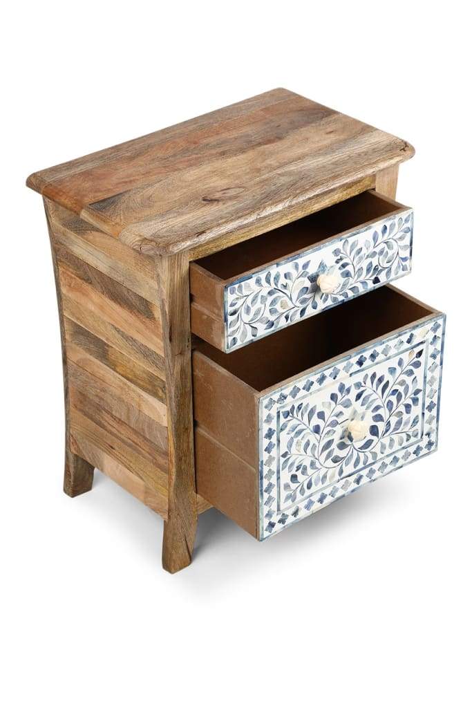 Handmade Bone Inlay Bedside Table Blue Floral Design Solid Wood Nightstand Drawer Cabinet
