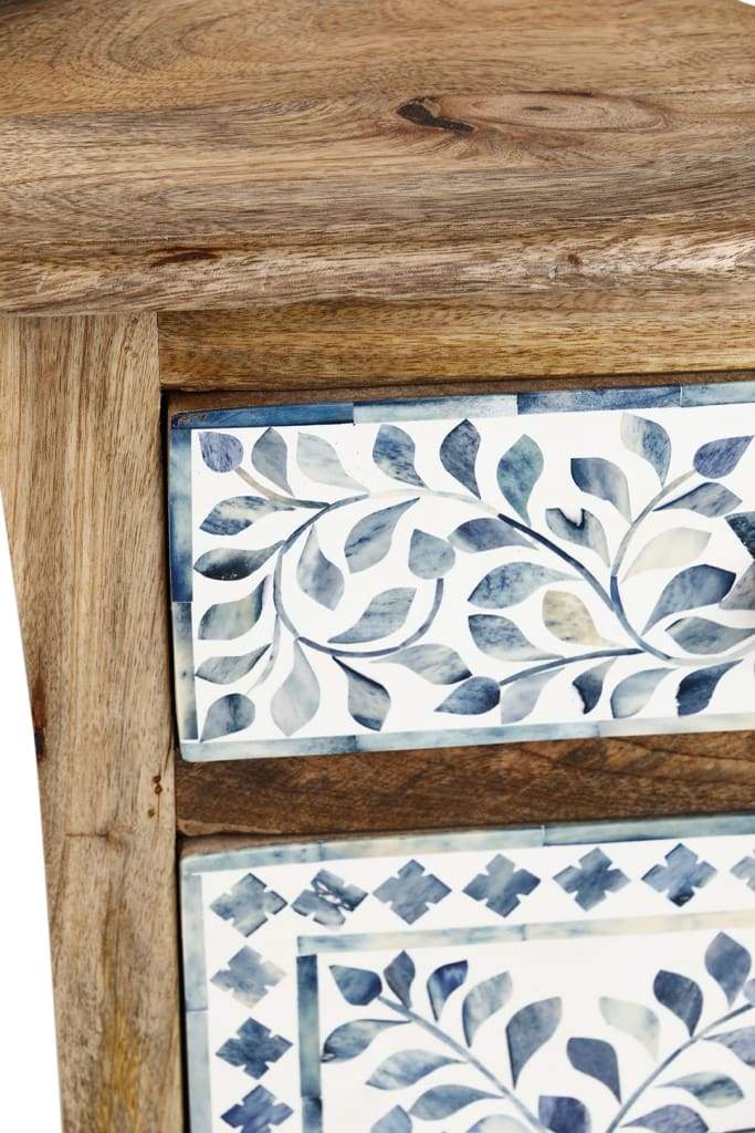 Handmade Bone Inlay Bedside Table Blue Floral Design Solid Wood Nightstand Drawer Cabinet