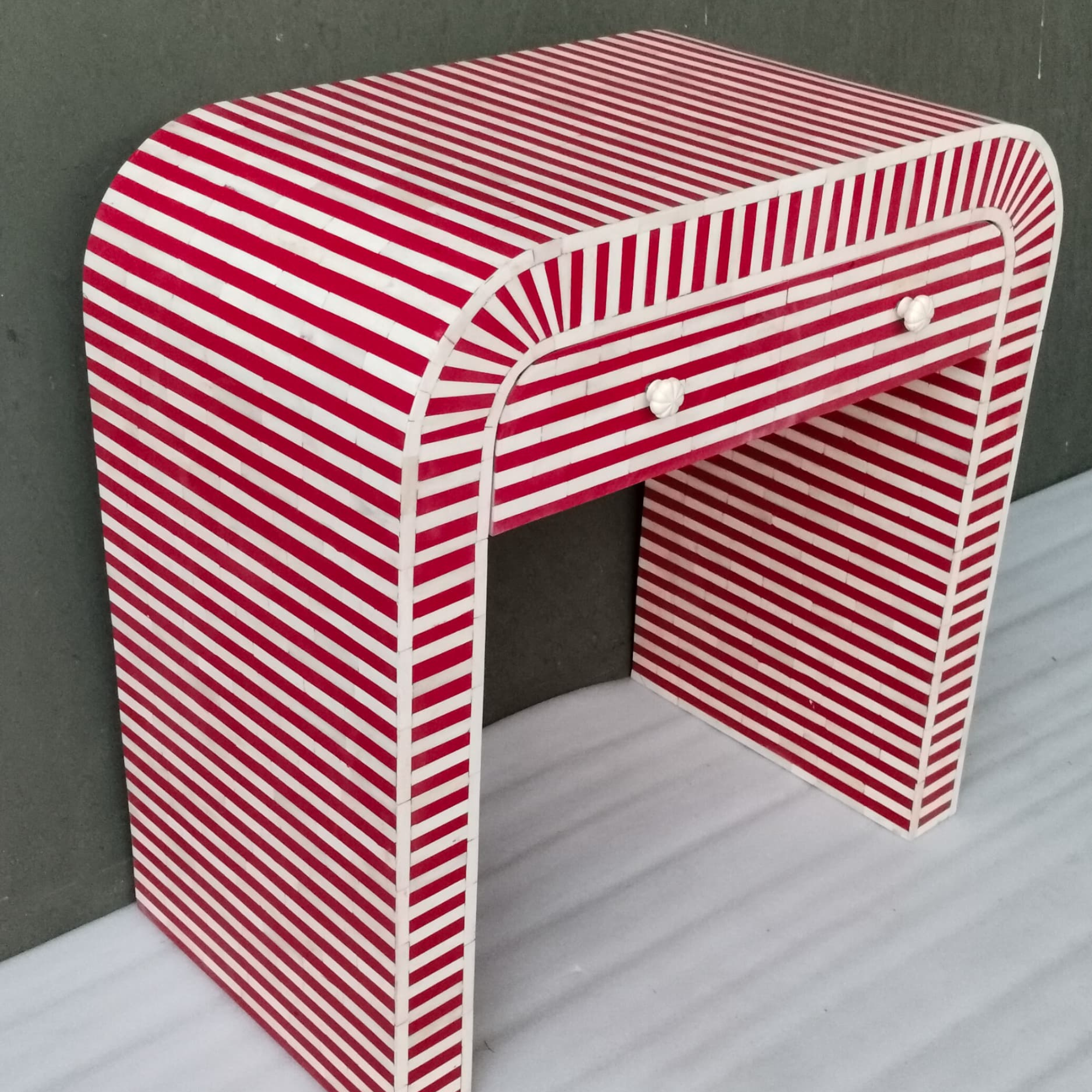 Handmade Bone Inlay Console Table – Red White Striped Entryway Table, Modern Hallway Table, Luxury Inlay Furniture