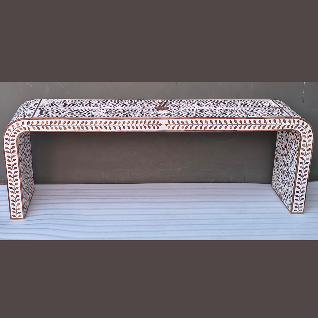 Handmade Bone Inlay Floral Console Table – Natural Wood Entryway Table, Luxury Hallway Table, Artisan Inlay Furniture
