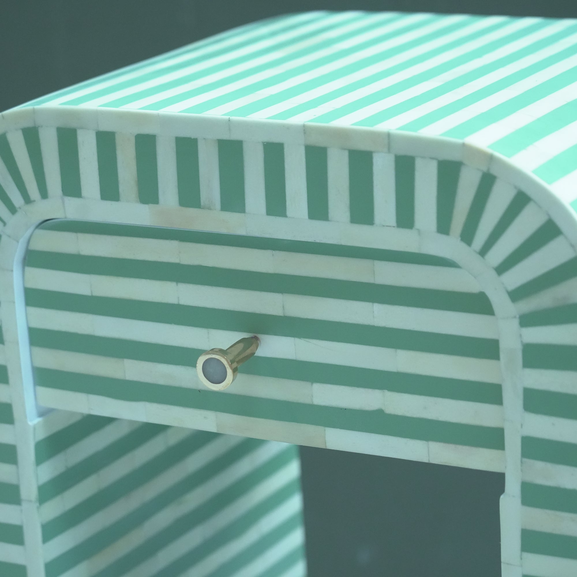 Handmade Bone Inlay Striped Bedside Table Mint Green – Modern Nightstand with Drawer Luxury Furniture