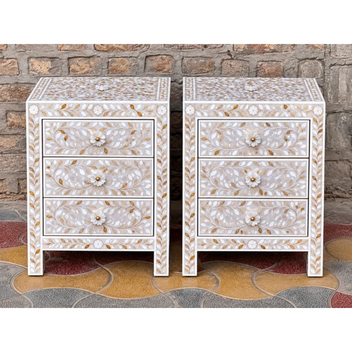 Set of 2 White Mother of Pearl Inlay Bedside Tables – Handmade Floral 3 Drawer Nightstands