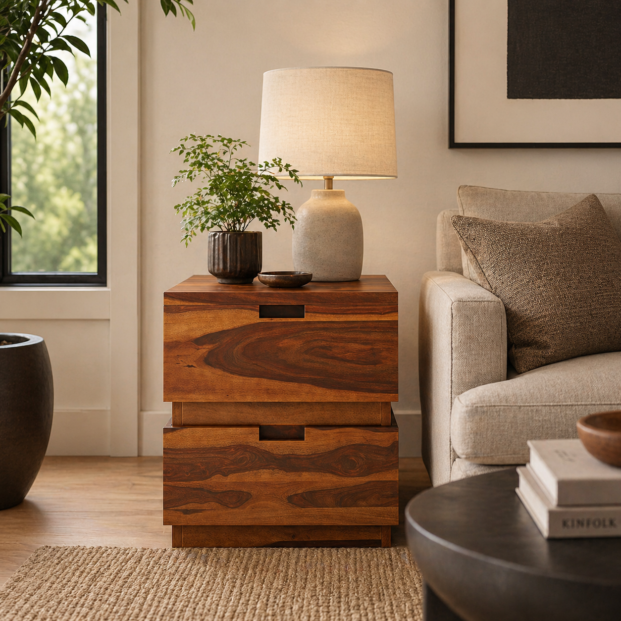 Modern Solid Wood Bedside Table with 2 Drawers | Handmade Wooden Nightstand | Minimalist Bed Side Cabinet | Bedroom Storage Furniture