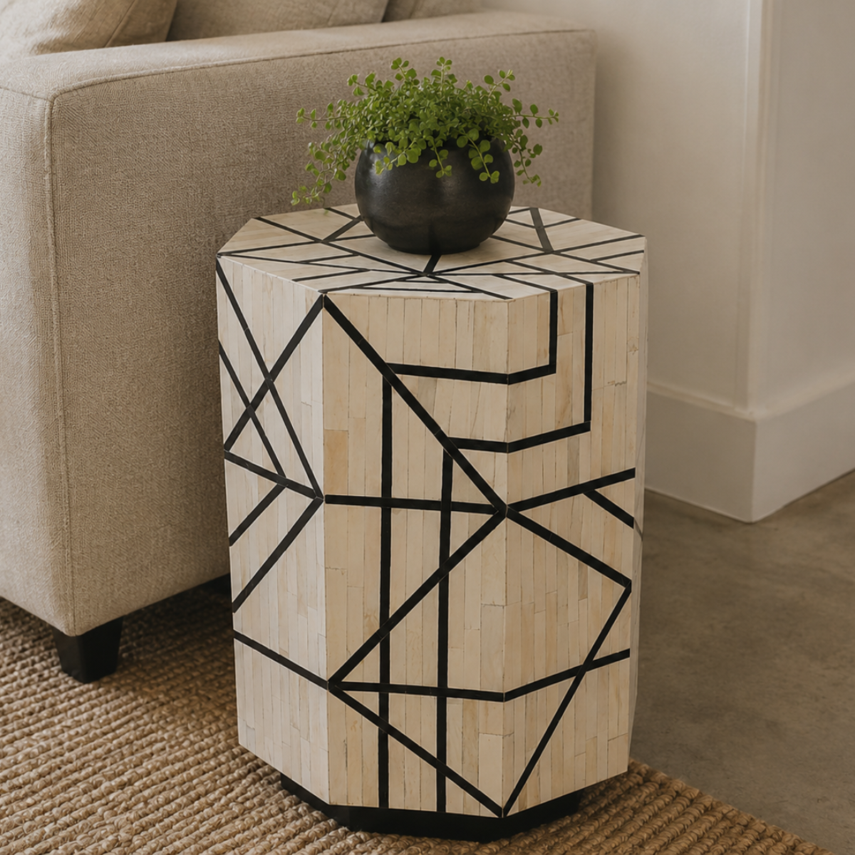 Geometric Bone Inlay Side Table | Handmade Modern Accent Table