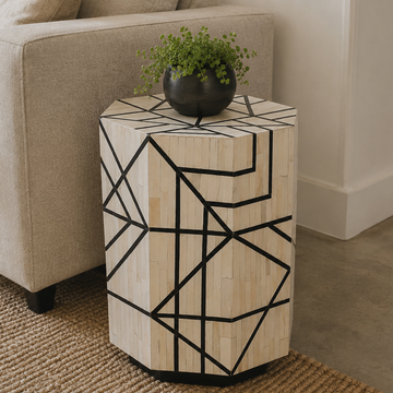 Geometric Bone Inlay Side Table | Handmade Modern Accent Table