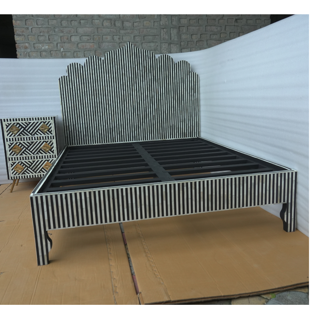 Black White Stripe Bone Inlay Bed Scalloped Headboard Handmade Modern Luxury Bed Frame Platform Bed Custom Size Furniture