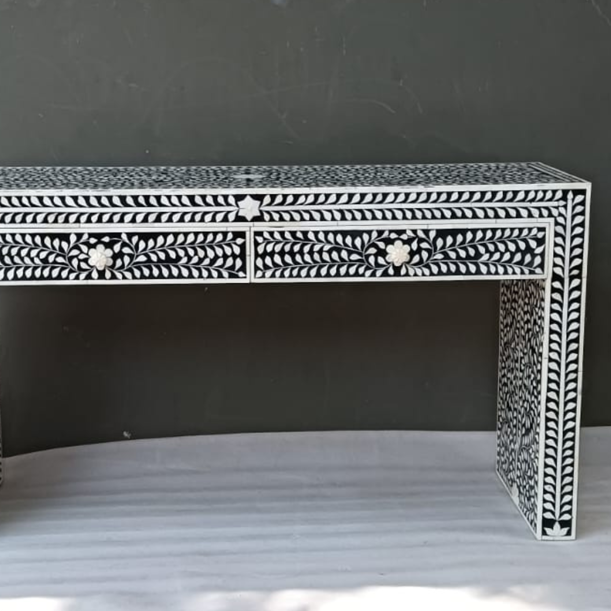 Handmade Bone Inlay Floral Console Table – Black White Entryway Table with Drawers, Luxury Hallway Furniture